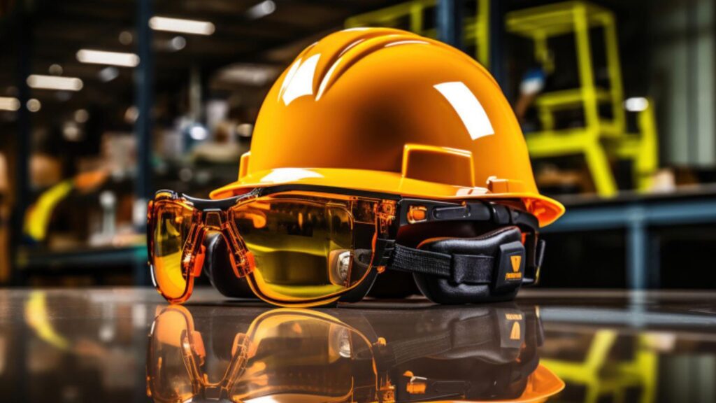 A hard hat and safety glasses placed on a table